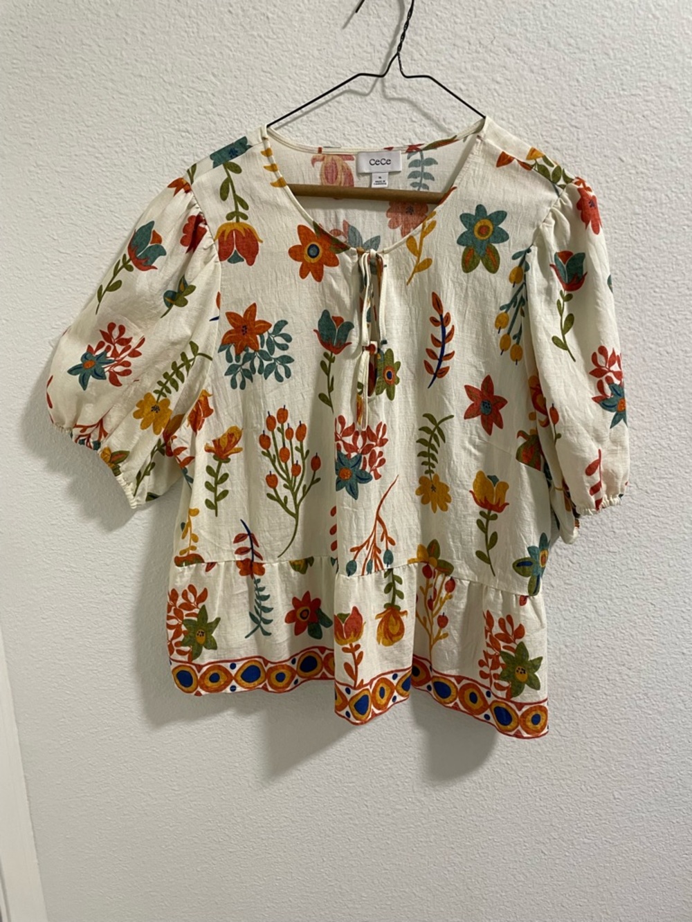 CeCe Cream Floral Tie-Front Peasant Top